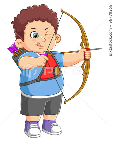 A boy with bow and arrow practicing archery of illustration 96779258