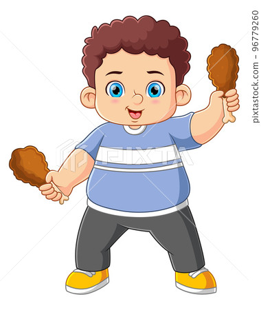 Cute boy holding two fried chicken of illustration 96779260