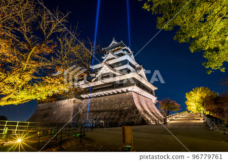 Kumamoto Castle with autumn leaves at night, light up and castle festival 96779761