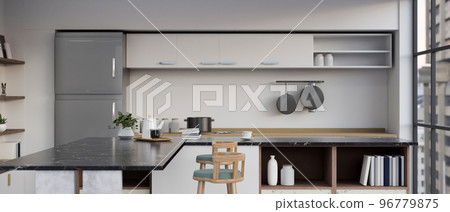 Modern kitchen interior with black marble kitchen countertop, stools, fridge and kitchen appliances Modern kitchen interior with black marble kitchen countertop, stools, fridge and kitchen appliances 96779875