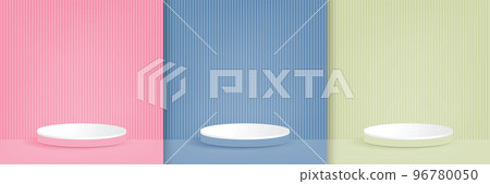 Set of blue, pink, green cylinder pedestal podium display, Empty room background. Abstract modern vector rendering 3d shape for products display presentation. Pastel minimal wall scene, Studio room. Set of blue, pink, green cylinder pedestal podium display, Empty room background. Abstract modern vector rendering 3d shape for products display presentation. Pastel minimal wall scene, Studio room. 96780050