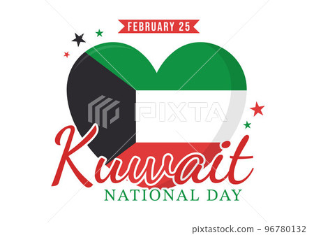 National Kuwait Day on February 25th with Waving Flag and Independence Celebration in Flat Cartoon Hand Drawn Templates Illustration 96780132