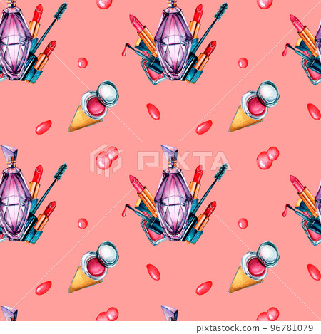 Make up cosmetic, perfume watercolor seamless pattern isolated on coral background. 96781079