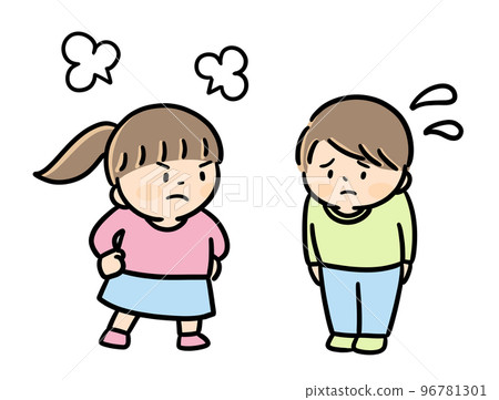 一個生氣的女孩和一個反思的男孩,孩子們打架 一個生氣的女孩和一個反思的男孩,孩子們打架 96781301