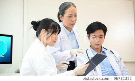 A team of professional Asian scientist discussing on their Pharmaceutical experiment research 96781333