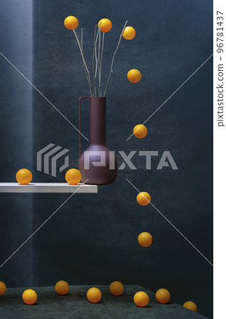 Still life with a vase on the shelf and orange balls 96781437