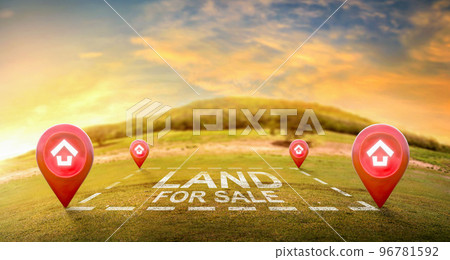 Land plot management - real estate concept with a vacant land on a green field available for building construction and housing. Land plot management - real estate concept with a vacant land on a green field available for building construction and housing. 96781592