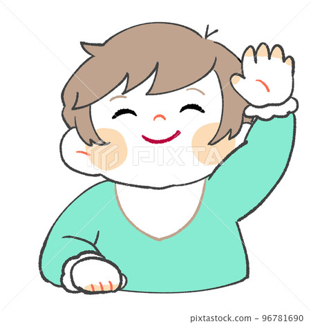 A smiling baby (boy) who raises one hand and replies 96781690