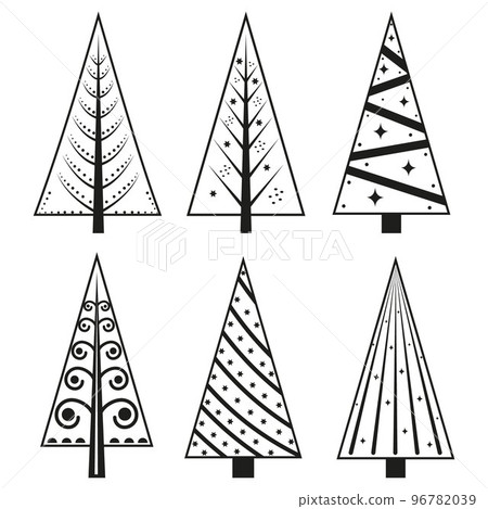 A set of Christmas trees in the doodle style, black outline. Isolated vector illustration. A set of Christmas trees in the doodle style, black outline. Isolated vector illustration. 96782039
