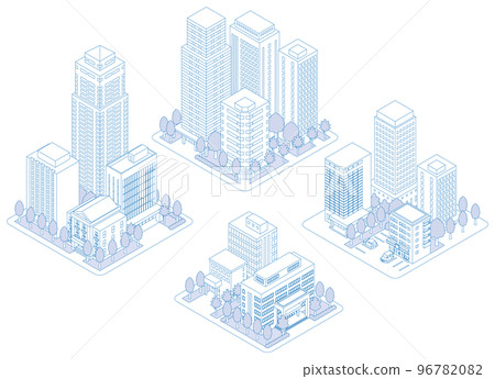 A three-dimensional illustration of a building. A cityscape. A line drawing illustration. A three-dimensional illustration of a building. A cityscape. A line drawing illustration. 96782082
