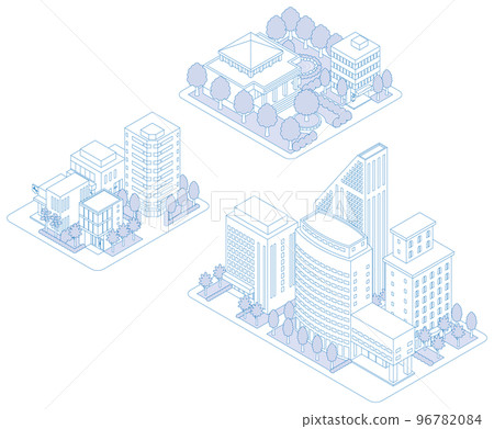 A three-dimensional illustration of a building. A cityscape. A line drawing illustration. A three-dimensional illustration of a building. A cityscape. A line drawing illustration. 96782084