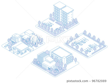 A three-dimensional illustration of a building. A cityscape. A line drawing illustration. 96782089