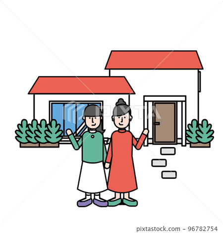 Illustration of a simple house and two women (M type) Illustration of a simple house and two women (M type) 96782754