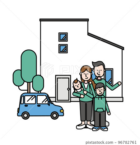 Illustration of a simple house and a family of four (T type) Illustration of a simple house and a family of four (T type) 96782761