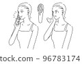一名女性使用 EMS 面部設備進行面部提拉和頭皮護理的插圖 96783174