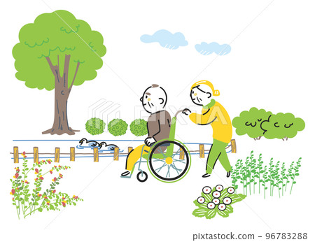 奶奶推著爺爺的輪椅在公園散步高級生活插畫素材 96783288