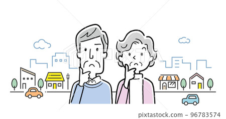 Vector illustration material: Thinking senior couple and city background 96783574