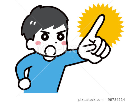 A young man in casual clothes pointing with a serious expression (upper body) 96784214