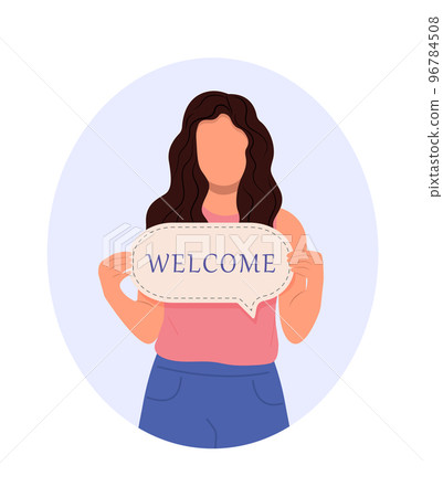 Cheerful woman holding welcome sign and smiling while standing. You are welcome. Flat graphic vector illustration isolated on white background 96784508