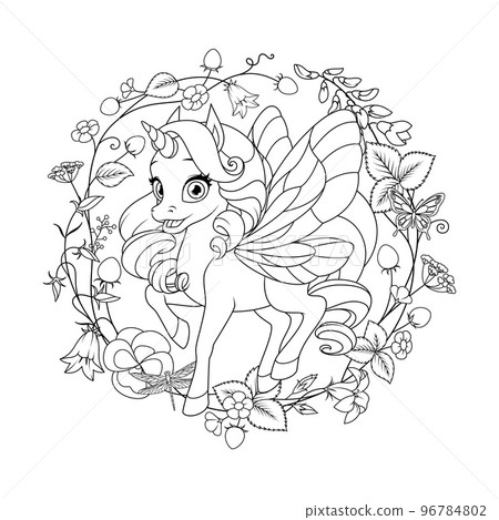 Cute flying unicorn with wings and summer flower wreath. Vector black and white illustration for coloring page. 96784802