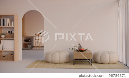 Minimal nordic Scandinavian living room interior with coffee table, cozy poufs and arch door 96784871