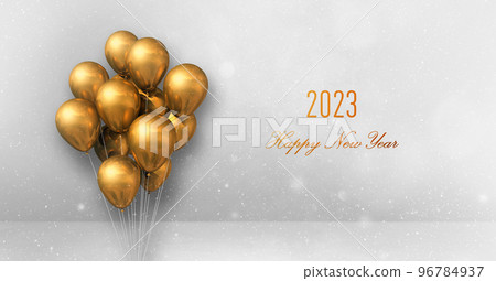 Happy new year 2023 greeting card. Gold balloons on white background 96784937