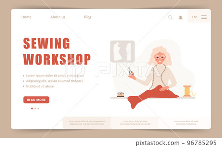 Sewing workshop landing page or web banner template. Elderly woman seamstress with scissors cuts red fabric. Fashion designer or tailor. Vector illustration in flat cartoon style 96785295