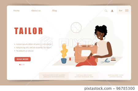 Tailor landing page or web banner template. African woman seamstress at sewing machine sews clothes. Fashion designer or dressmaker. Vector illustration in flat cartoon style Tailor landing page or web banner template. African woman seamstress at sewing machine sews clothes. Fashion designer or dressmaker. Vector illustration in flat cartoon style 96785300