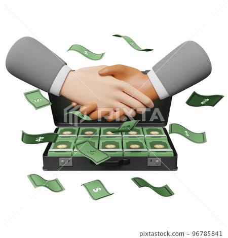 3d pile dollar banknote in black briefcase with handshake isolated. investment or business finance concept, 3d render illustration 96785841