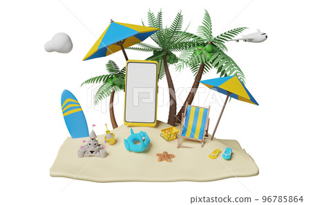 mobile phone, smartphone with palms, beach chair, island, umbrella, sandals, plane, surfboard, Inflatable flamingo, sand castle, summer travel vacation concept, 3d illustration or 3d render mobile phone, smartphone with palms, beach chair, island, umbrella, sandals, plane, surfboard, Inflatable flamingo, sand castle, summer travel vacation concept, 3d illustration or 3d render 96785864