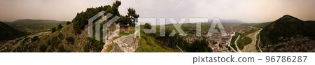 360 degrees Panoramic aerial view to Berat old town and Osum river from Berat Castle , Albania 360 degrees Panoramic aerial view to Berat old town and Osum river from Berat Castle , Albania 96786287