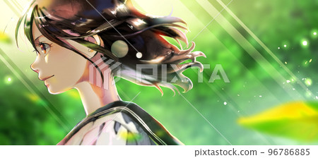 女學生側面彩色插圖，清新的綠色背景，右邊的空間，背光 96786885