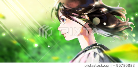女學生側面彩色插圖,新鮮的綠色背景,可用的剩餘空間 女學生側面彩色插圖,新鮮的綠色背景,可用的剩餘空間 96786888