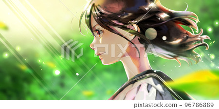 女學生側面彩色插圖,新鮮的綠色背景,左側空間,背光 女學生側面彩色插圖,新鮮的綠色背景,左側空間,背光 96786889