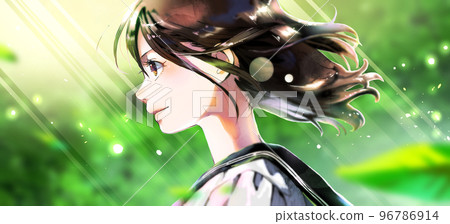 Illustration of a female student in profile, color, fresh green background, center of the person 96786914