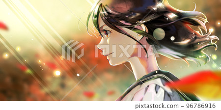 女學生側面彩色插圖，秋葉背景，左側空間，背光 96786916