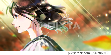 女學生側面彩色插圖，秋葉背景，右側可用空間 96786918