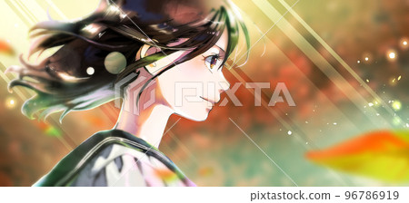 女學生側面彩色插圖，秋葉背景，右側空間，面向右側 96786919