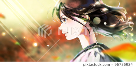 女學生的彩色插圖,秋葉背景,可用空間 女學生的彩色插圖,秋葉背景,可用空間 96786924