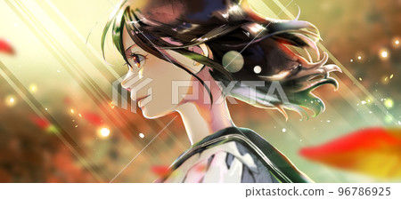 Color illustration of a female student in profile, background of autumn leaves, center of the person, backlight 96786925