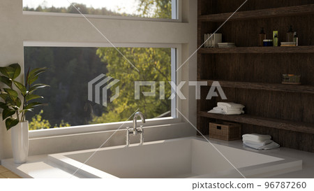 Modern contemporary home bathroom with modern built bathtub near the window 96787260