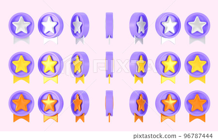 Set of rotate medals animation 3d render. Purple circle award badges with golden, silver, bronze stars and ribbons. Game trophy, bonus or winner prize. Cartoon isolated rating icons 96787444
