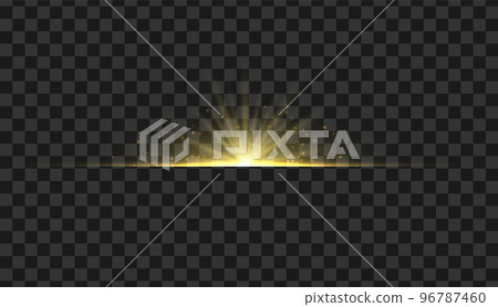 Golden glowing light. Gold glow flash with sparcle. Vector sunrise effect. Realistic shiny beam set 96787460