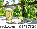 Cool lavender lemonade with lime slices and lavender flower on the table in tropical garden with palm. Healthy organic summer soda drink. Detox water. Diet unalcolic coctail. 96787520