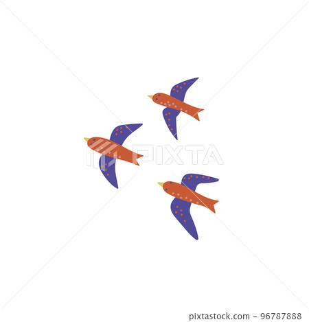 Flock of birds flying illustration. Colorful clipart of three avians migrating, isolated on white background 96787888