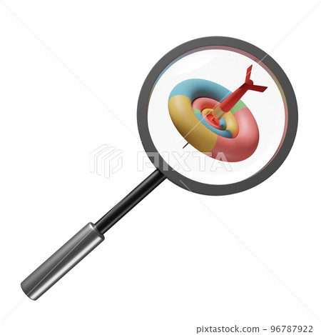 3d magnifying glass with target, red darts or arrow isolated. search target concept, 3d render illustration 3d magnifying glass with target, red darts or arrow isolated. search target concept, 3d render illustration 96787922