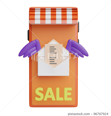 orange mobile phone,smartphone store front with flying open envelope wings, sale label tag isolated. notify newsletter, online promotion email concept, 3d illustration or 3d render orange mobile phone,smartphone store front with flying open envelope wings, sale label tag isolated. notify newsletter, online promotion email concept, 3d illustration or 3d render 96787924