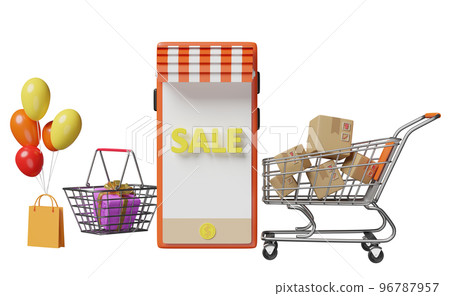 orange mobile phone or smartphone store front, balloon, cart, goods cardboard box, shopping paper bag isolated. online shopping summer sale, search data concept, 3d illustration, 3d render orange mobile phone or smartphone store front, balloon, cart, goods cardboard box, shopping paper bag isolated. online shopping summer sale, search data concept, 3d illustration, 3d render 96787957