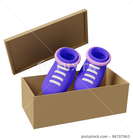 3d purple sneakers with brown goods cardboard box isolated. shoes shopping concept, 3d render illustration 3d purple sneakers with brown goods cardboard box isolated. shoes shopping concept, 3d render illustration 96787963