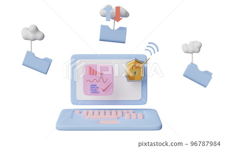 3d laptop computer with charts, graph, shield, cloud folder isolated. Internet security or privacy protection or ransomware protect concept, 3d render illustration 96787984